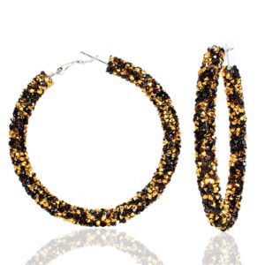 Bohemian Shiny Glitter Sequins Hoop Earrings Wrapped Gold Plated Circle Statement Rhinestone Dangle Drop Earrings for Women Boho Jewelry-rhinestone black gold