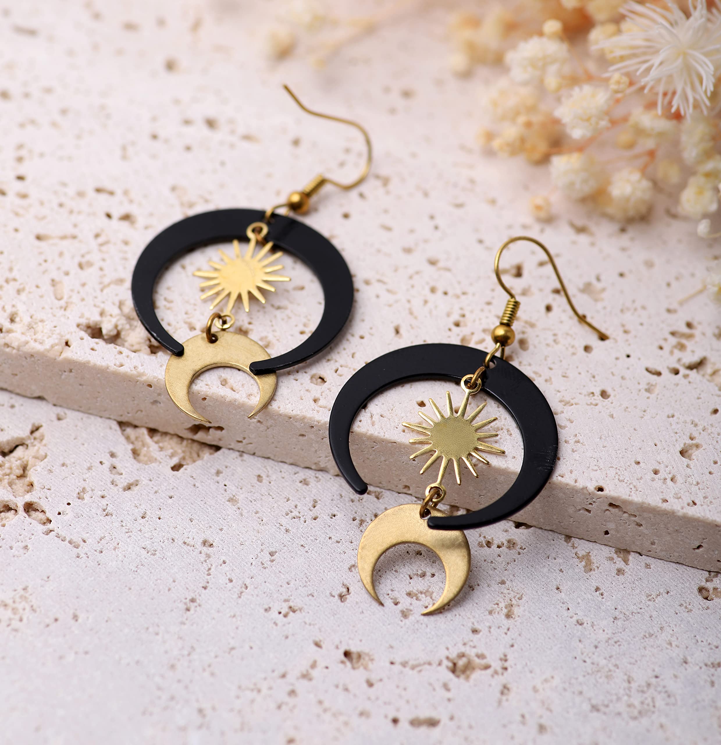 Sacina Gothic Boho Sun and Moon Earrings, Crescent Moon Star Pendant, Celestial Earrings, Goth Jewelry Gift for Women (Black Moon Sun)