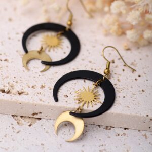 Sacina Gothic Boho Sun and Moon Earrings, Crescent Moon Star Pendant, Celestial Earrings, Goth Jewelry Gift for Women (Black Moon Sun)