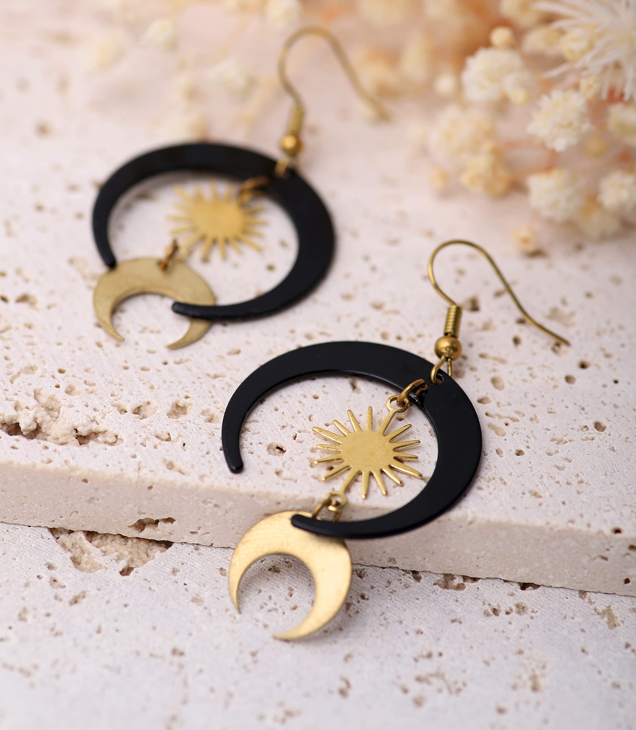 Sacina Gothic Boho Sun and Moon Earrings, Crescent Moon Star Pendant, Celestial Earrings, Goth Jewelry Gift for Women (Black Moon Sun)