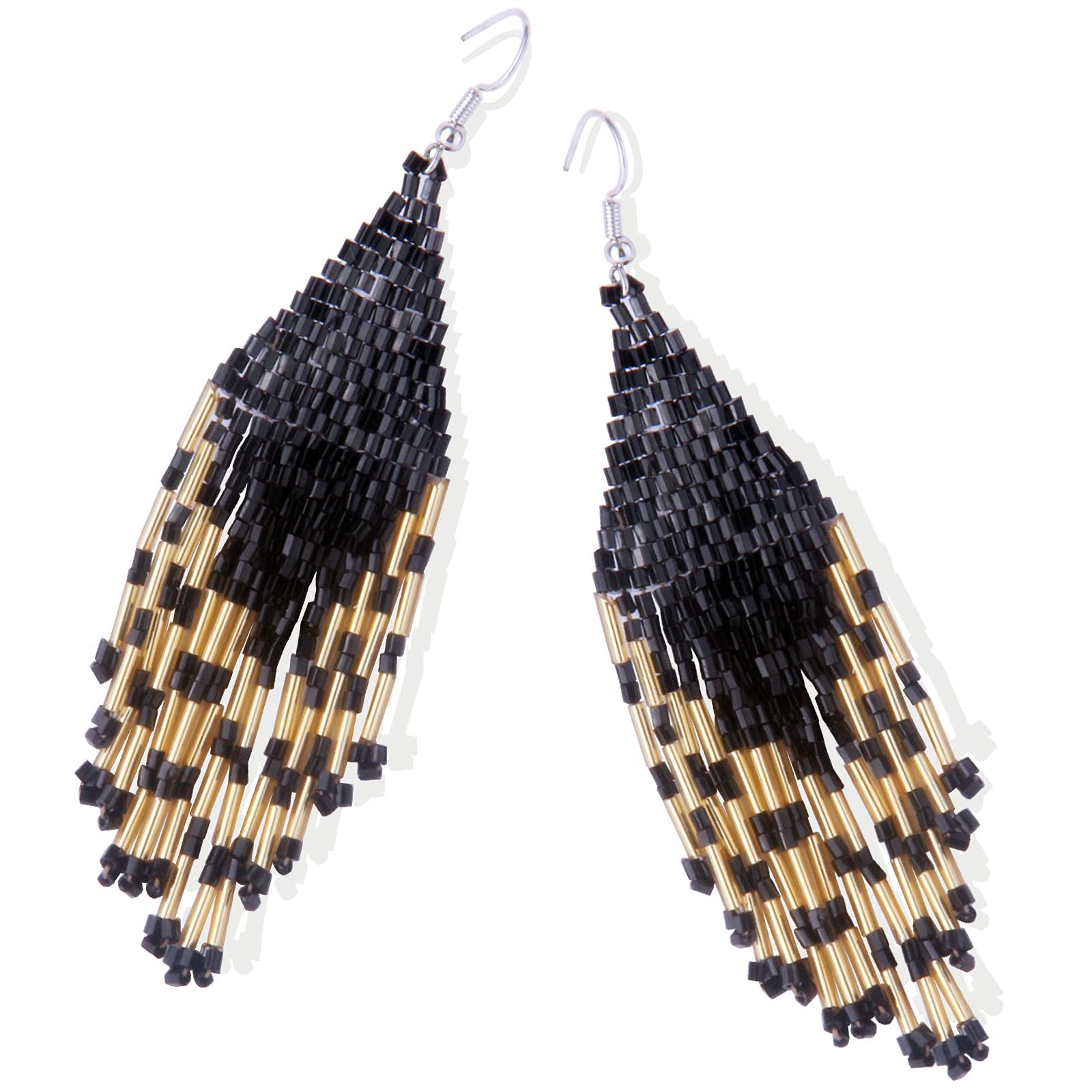 Long Beaded Tassel Earrings - Stripe Bohemian Fringe Dangle Earrings, Seed Bead Tribal Drop Earrings, Pendientes De Borla, Gift Idea for Women, Party (Black Tube Earrings)