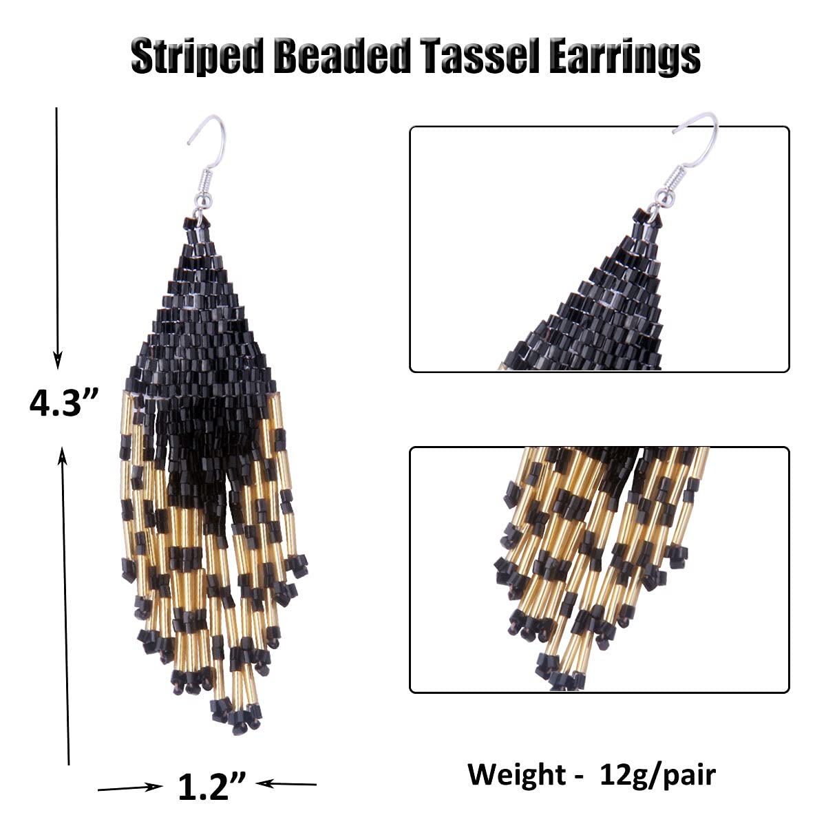 Long Beaded Tassel Earrings - Stripe Bohemian Fringe Dangle Earrings, Seed Bead Tribal Drop Earrings, Pendientes De Borla, Gift Idea for Women, Party (Black Tube Earrings)