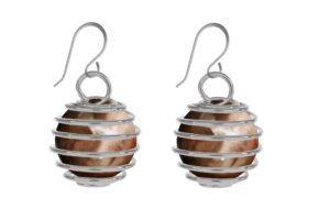 petrified wood 10mm cage earrings in steel, copper, bronze, black iron, titanium, sterling silver, 14k gold, rose gold, or black niobium wire (handmade)