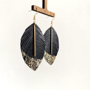 Handmade Bohemian Lightweight Soft Genuine Leather Feather Leaf Dangle Drop Earring Sparkle Real Leather Large Leaf Hook Earrings With Simple Drop Metal Bar for Women Statement Jewelry Gifts (Black Color)