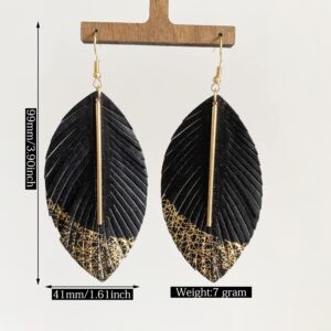 Handmade Bohemian Lightweight Soft Genuine Leather Feather Leaf Dangle Drop Earring Sparkle Real Leather Large Leaf Hook Earrings With Simple Drop Metal Bar for Women Statement Jewelry Gifts (Black Color)