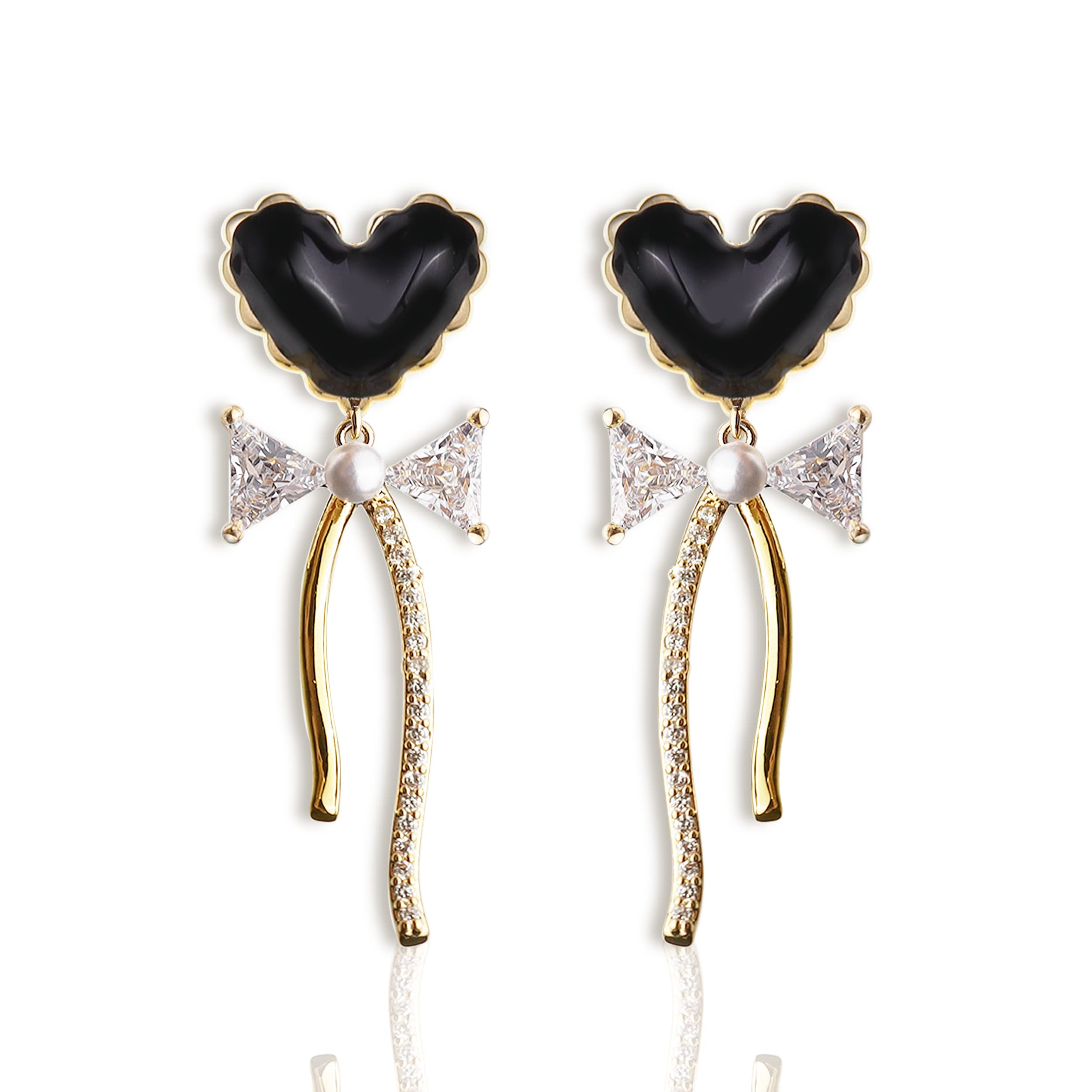 Sonateomber Black Heart Bow Drop Dangle Earrings for Women - Cute Trendy Sparkly Gold Cubic Zirconia chain Valentines Jewelry Gift