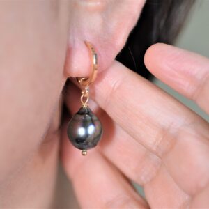 14K Gold Filled Genuine Tahitian Black Pearl Hoop Earrings for Women