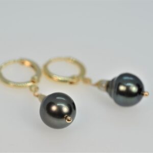 14K Gold Filled Genuine Tahitian Black Pearl Hoop Earrings for Women