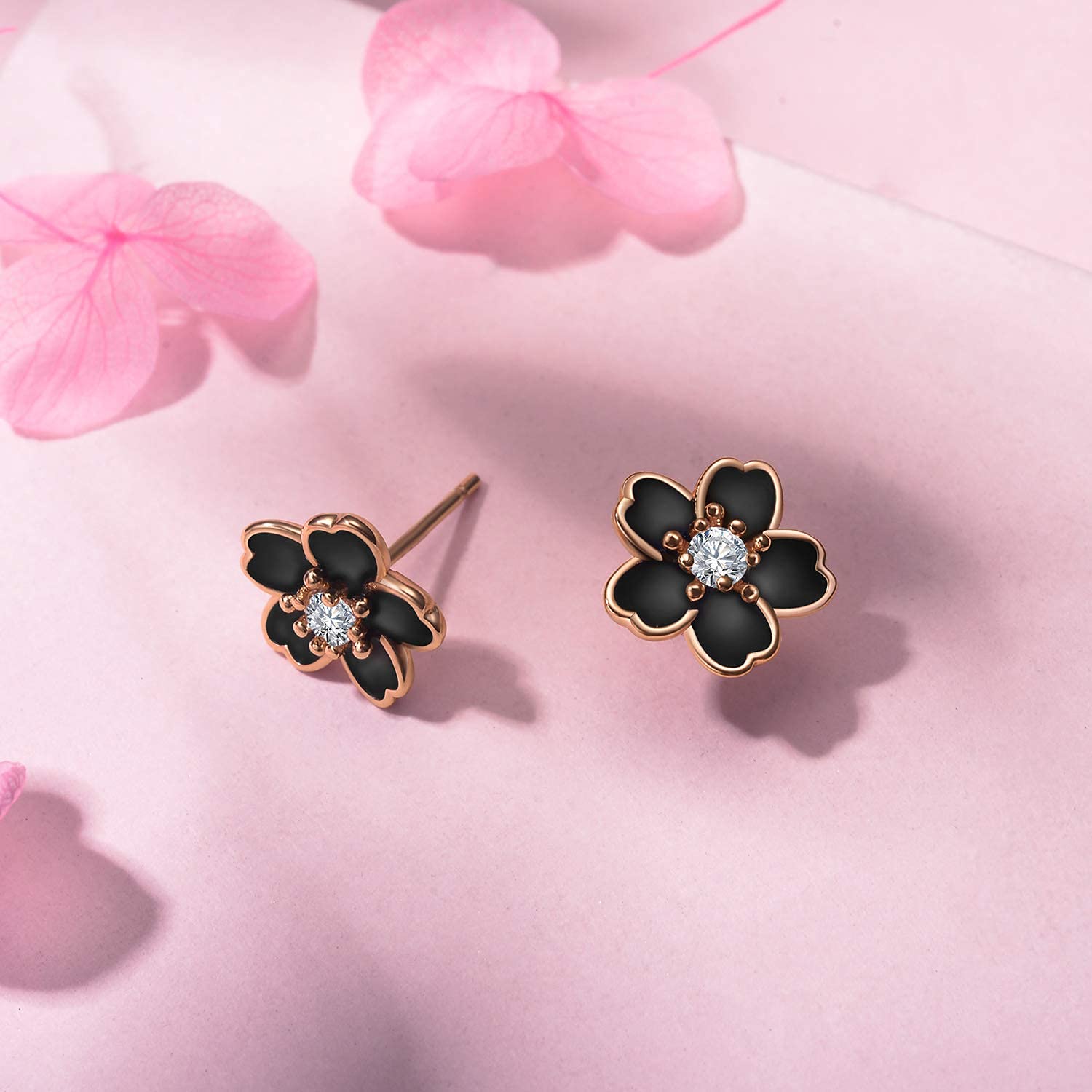 925 Sterling Silver Stud Earrings,Cute Flower Ear Studs for Women,White/Black/Rose Gold Plated, Hypoallergenic Jewelry Gift (Black)