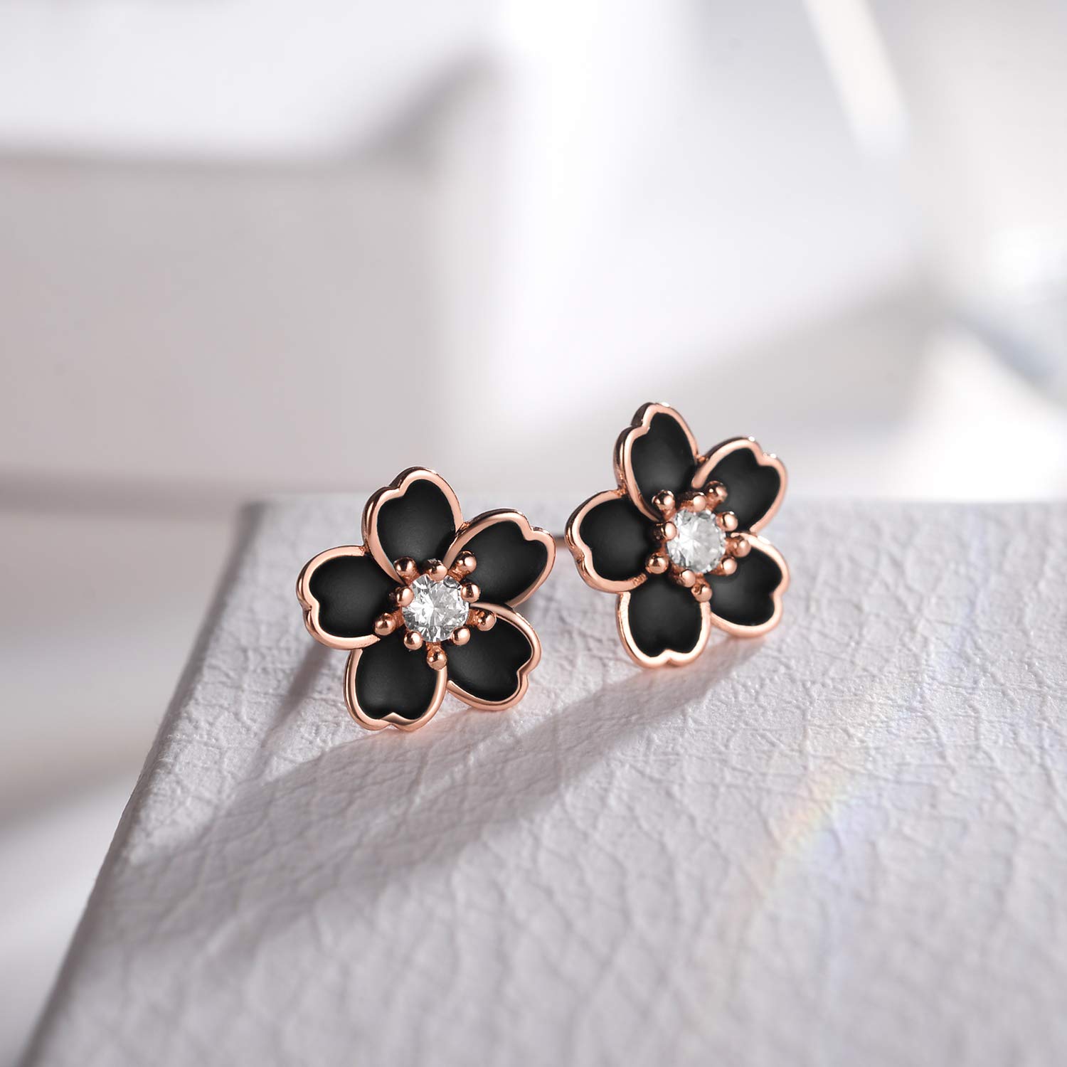 925 Sterling Silver Stud Earrings,Cute Flower Ear Studs for Women,White/Black/Rose Gold Plated, Hypoallergenic Jewelry Gift (Black)