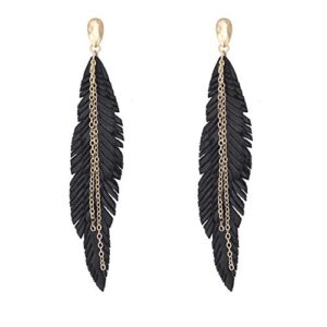 nvenf feather tassel dangle earrings for women bohemian faux leather plume gold-tone metal chain fringe statement drop earrings vintage ethnic style jewelry (black)