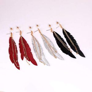 NVENF Feather Tassel Dangle Earrings for Women Bohemian Faux Leather Plume Gold-tone Metal Chain Fringe Statement Drop Earrings Vintage Ethnic Style Jewelry (Black)