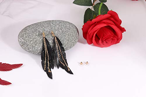 NVENF Feather Tassel Dangle Earrings for Women Bohemian Faux Leather Plume Gold-tone Metal Chain Fringe Statement Drop Earrings Vintage Ethnic Style Jewelry (Black)