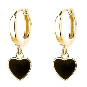 SLUYNZ Sterling Silver Black Heart Hoop Earrings for Women Love Heart Hoop Earrings Huggie (B-Gold)