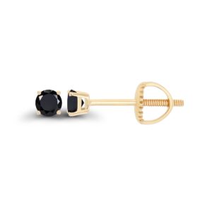 14K Yellow Gold Plated Sterling Silver 3mm Round Natural Black Onyx Birthstone Screwback Stud Earrings