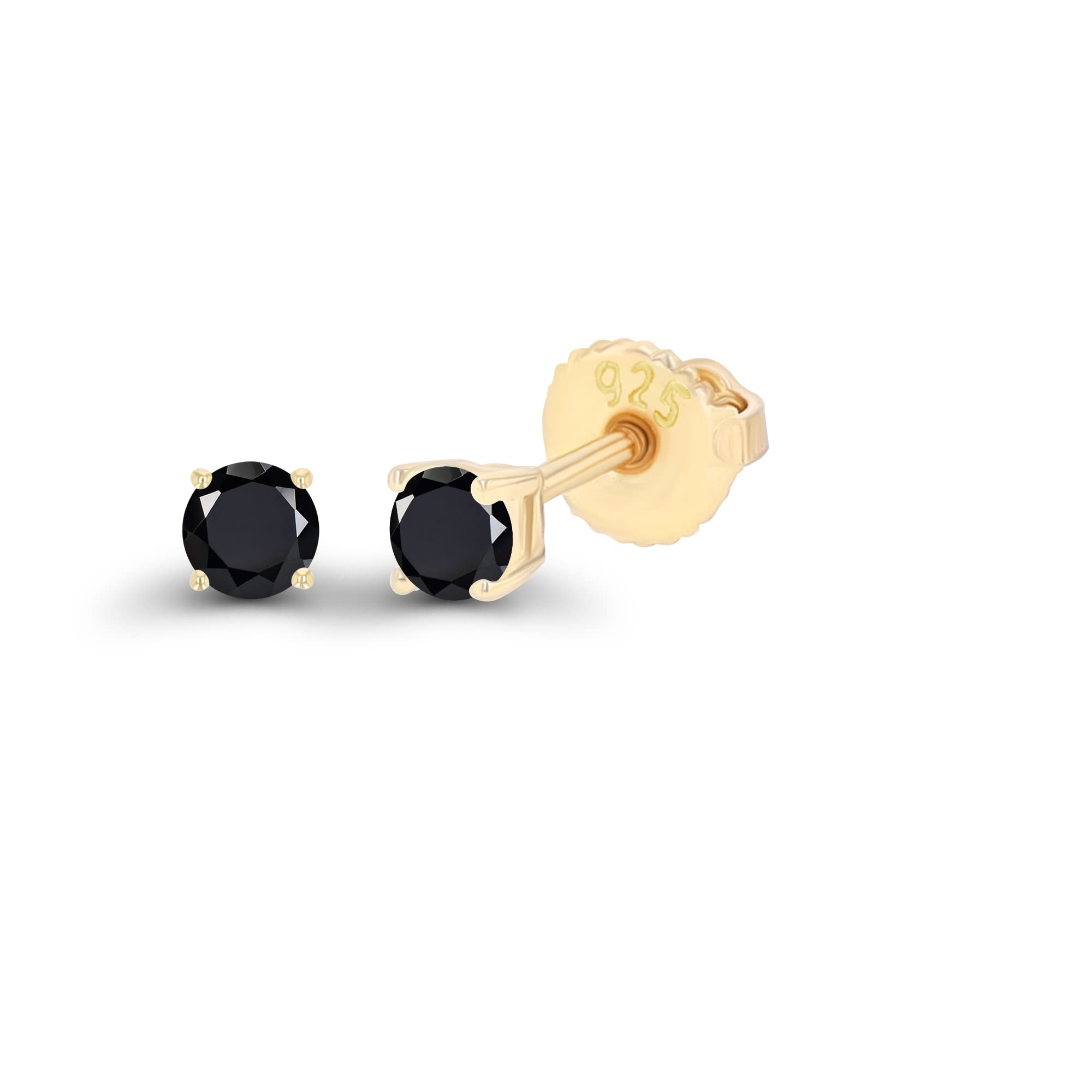 14K Yellow Gold Plated Sterling Silver 3mm Round Natural Black Onyx Birthstone Screwback Stud Earrings