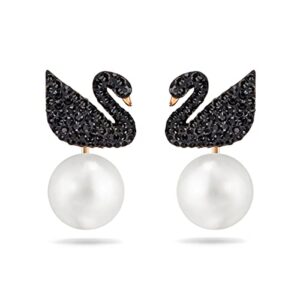 swarovski swan pierced earrings for women, swan motif with unique earring jackets, with sparkling black crystals on a rose-gold tone plated setting