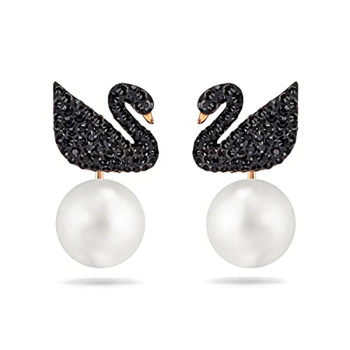 Swarovski Swan Pierced Earrings for Women, Swan Motif with Unique Earring Jackets, with Sparkling Black Crystals on a Rose-Gold Tone Plated Setting