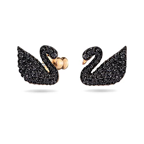 Swarovski Swan Pierced Earrings for Women, Swan Motif with Unique Earring Jackets, with Sparkling Black Crystals on a Rose-Gold Tone Plated Setting