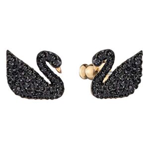 Swarovski Swan Pierced Earrings for Women, Swan Motif with Unique Earring Jackets, with Sparkling Black Crystals on a Rose-Gold Tone Plated Setting