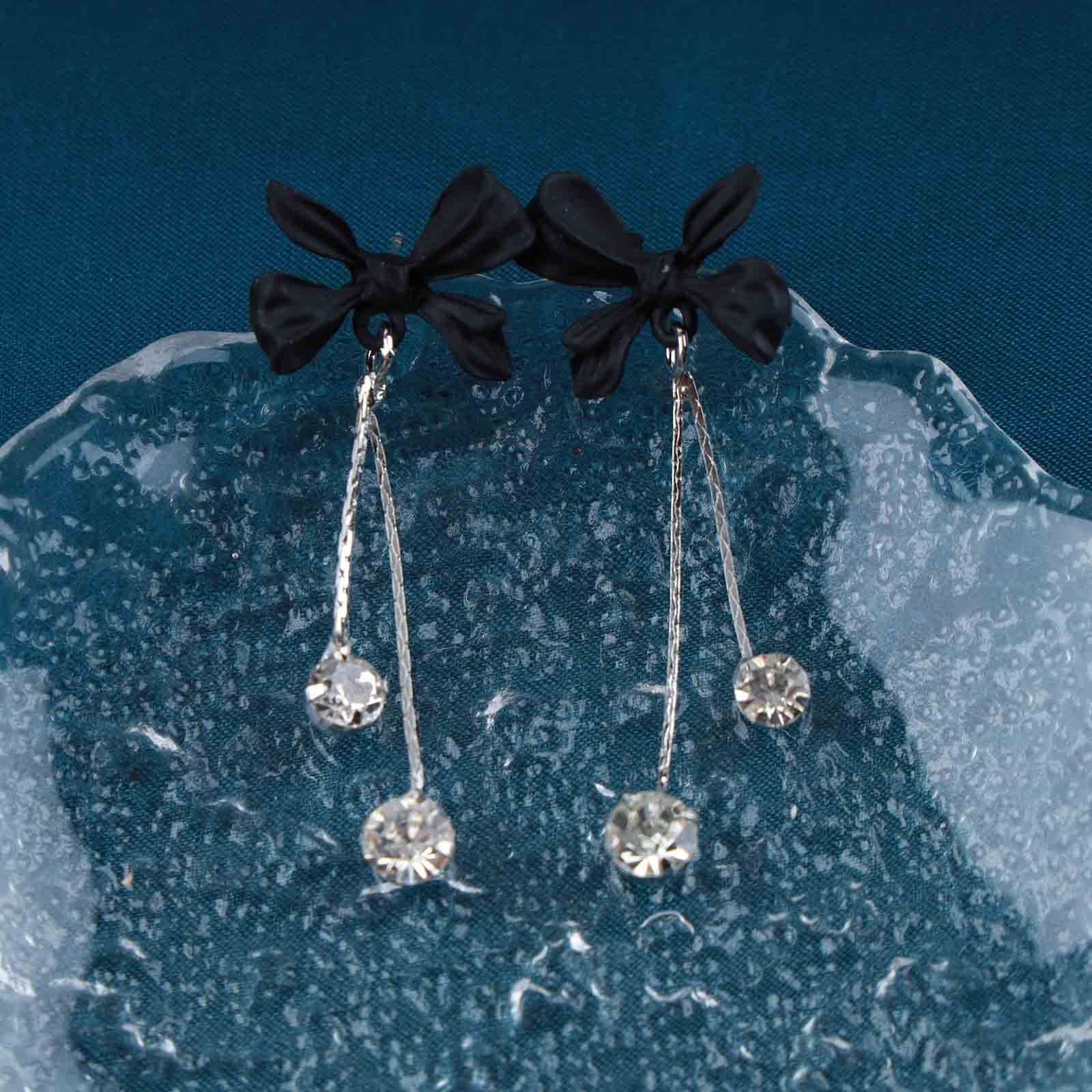 Erimberate Bohemian Crystal Bow Earrings Black Bowknot Drop Earrings Gold Cz Tassel Chain Dangle Earrings Black Bow Tie Cz Tassel Earrings Jewelry for Women and Girls Gifts