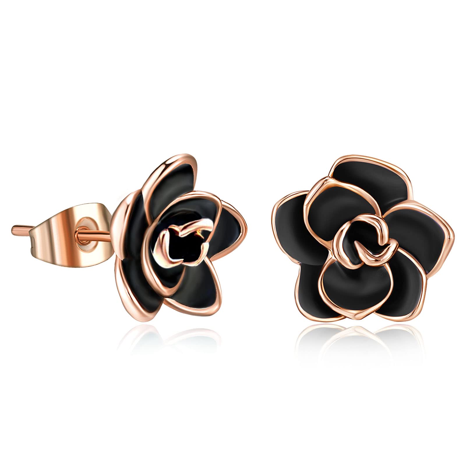 Black Flower Earrings for Women Rose Stud Earring 18K Gold Plated Hypoallergenic Ear Jewelry Rose Gold Black Small