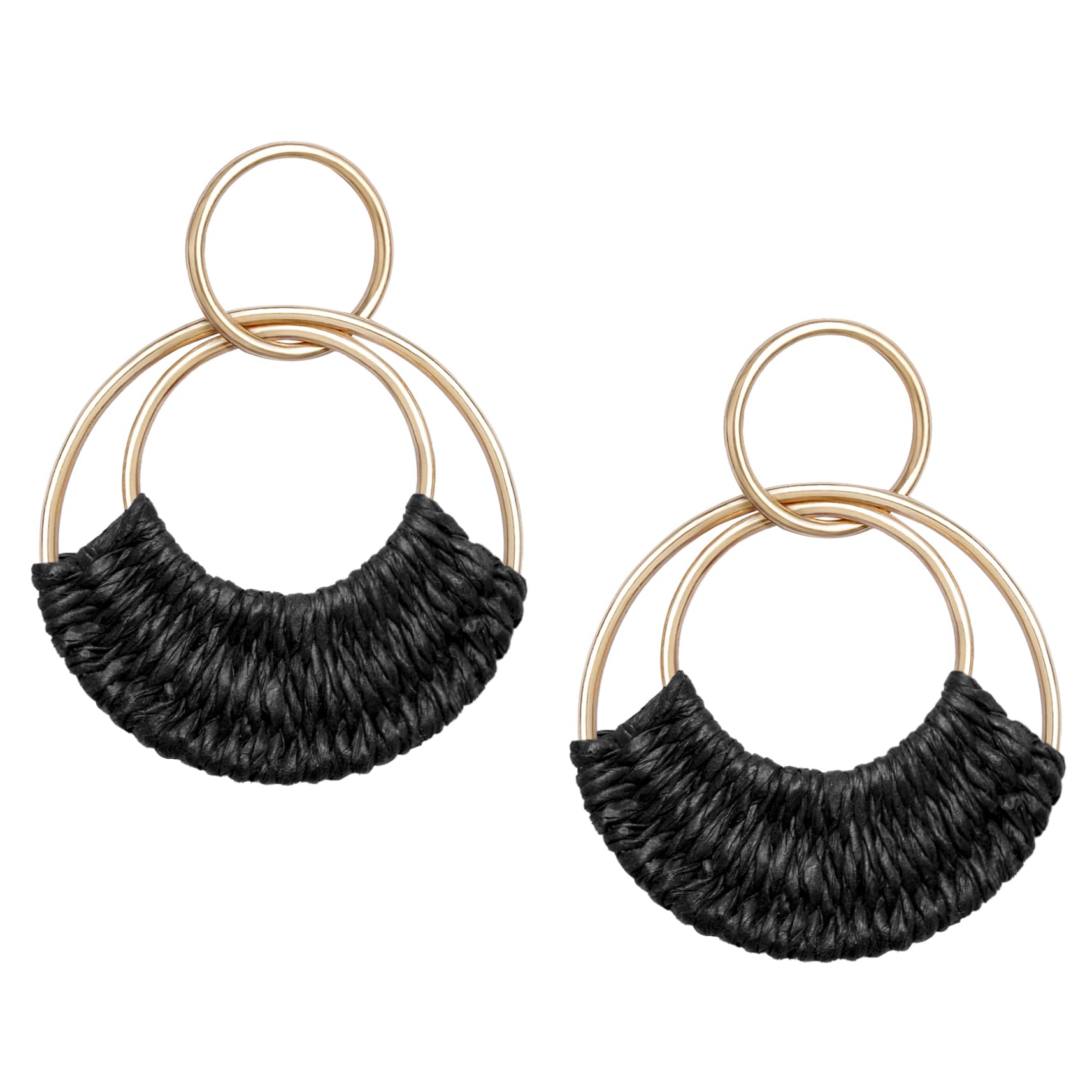 Raffia Hoop Earrings for Women Fun Boho Summer Beach Earrings Handmade Straw Wicker Rattan Dangle Earrings Statement Geometric Round Drop Earrings Bohemian Jewelry, Black