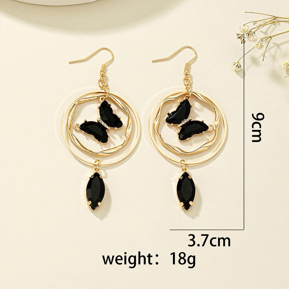 Black Butterfly Dangle Earrings for Women Green Gemstone Drop Gold Plated Earrings Fashion Jewelry Gifts Hypoallergenic