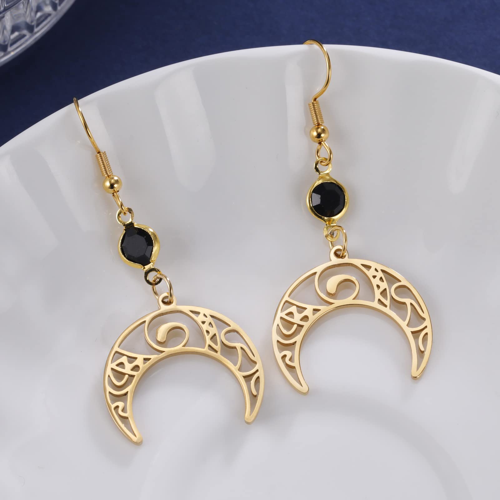 TEAMER Stainless Steel Crescent Goddess Black Birthstone Witches Knot Earrings Triple Moon Wicca Pentagram Gothic Celtic Knot Drop Earrings (Moon - Gold)