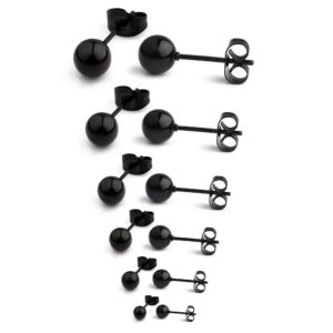 Ruifan 20G Stainless Steel Ball Stud Earrings for Men Women Round 3-8mm 6Pairs - Black