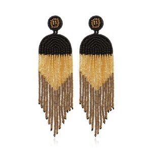 DoreenBow Long Beaded Tassel Earrings Boho Beaded Fringe Earrings Black Gold Bead Dangle Drop Earrings Native American Indian Earrings for Women and Girls