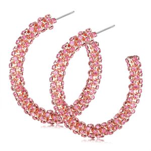 rhinestone hoop earring sparkly crystal wrapped hoop dangle earrings for women statement boho gold black plated cz diamonds hoop earring holiday gifts (rose gold hoop+pink crystal)