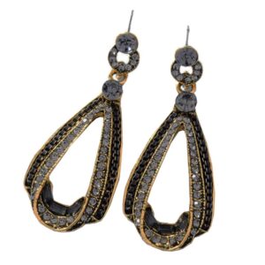 Antique Gold Bronze Tone Art Deco Vintage Gatsby Flapper Style Grey Onyx Jet Black Gray Rhinestone Dangle Earrings