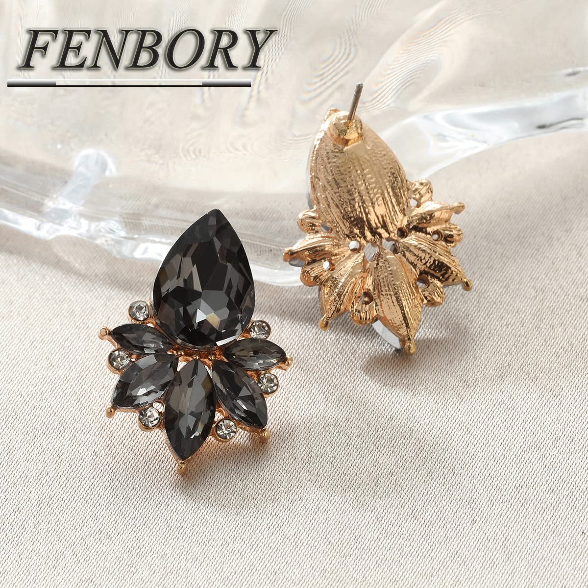 FENBORY Vintage Style Black Grey Rhinestone Earrings, Crystal Cluster Drop Earrings, Eco-friendly Alloy Plated Gold, Hypoallergenic