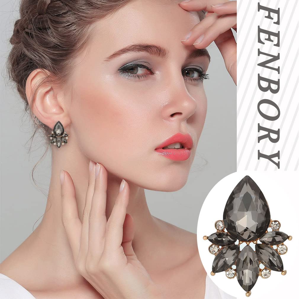 FENBORY Vintage Style Black Grey Rhinestone Earrings, Crystal Cluster Drop Earrings, Eco-friendly Alloy Plated Gold, Hypoallergenic