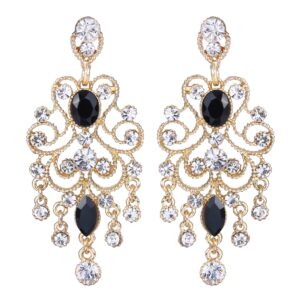 brilove wedding bridal dangle earrings for women vintage style crystal drop hollow filigree chandelier dangle earrings black gold-toned