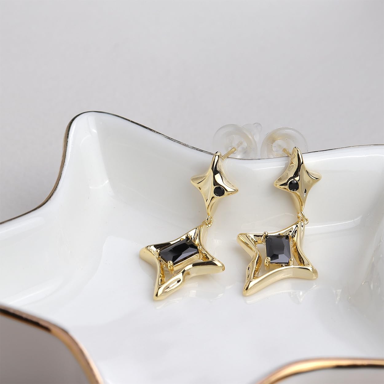 Sonateomber Gold Star Drop Dangle Earrings for Women - Cute Sparkly Black Rhinestone CZ Birthstone Crystal Lucky Four-point Star Dangling Hypoallergenic Stud Fashion Wedding Bridal Prom Birthday Accessories Jewelry Gift