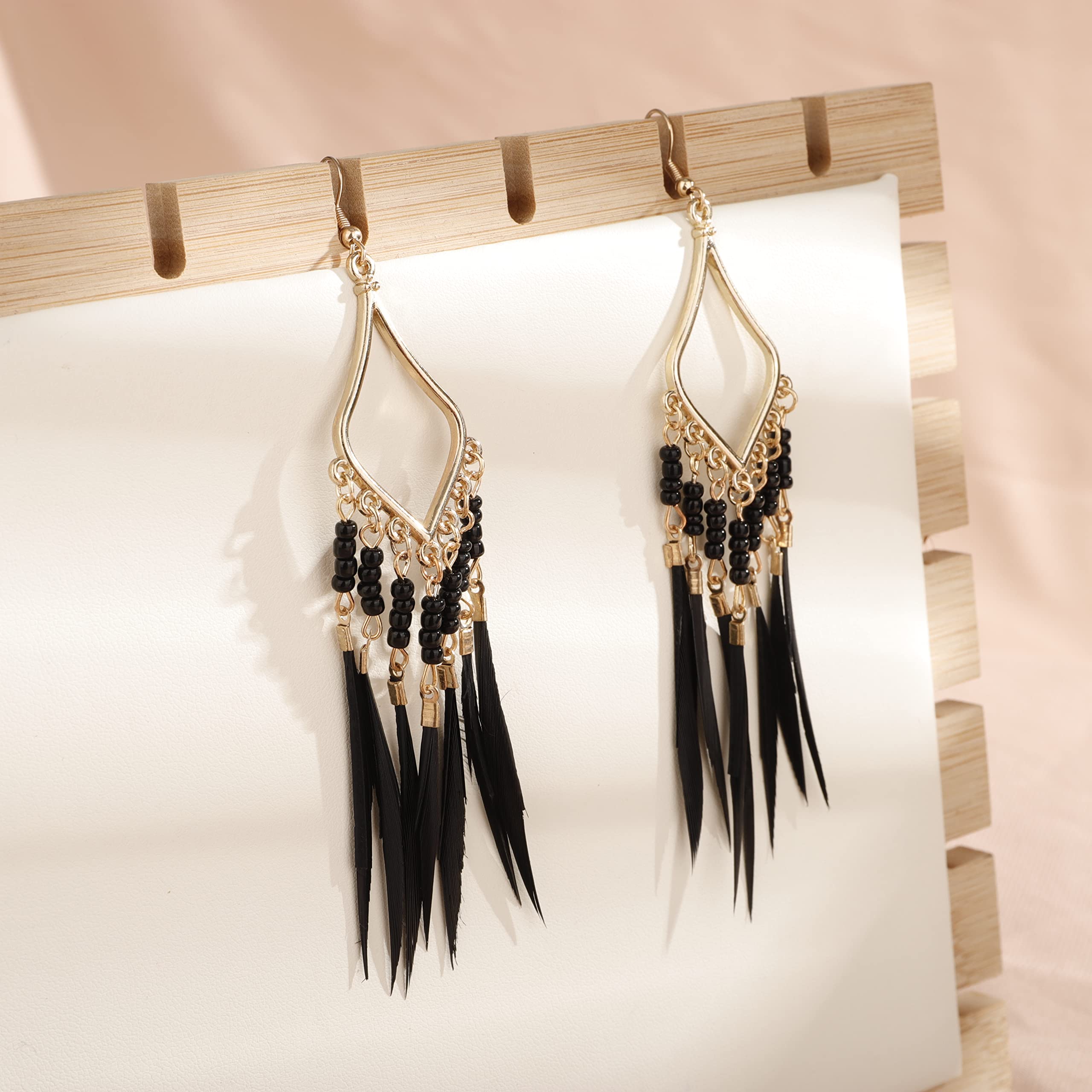 YERTTER Gold Long Dangle Bohemian Black Fake Feather Tassel Dangle Beads Earrings Halloween Tassel Earrings Light Feather Vintage Hook Ear Accessories Gift for Women Girls （Style 1）