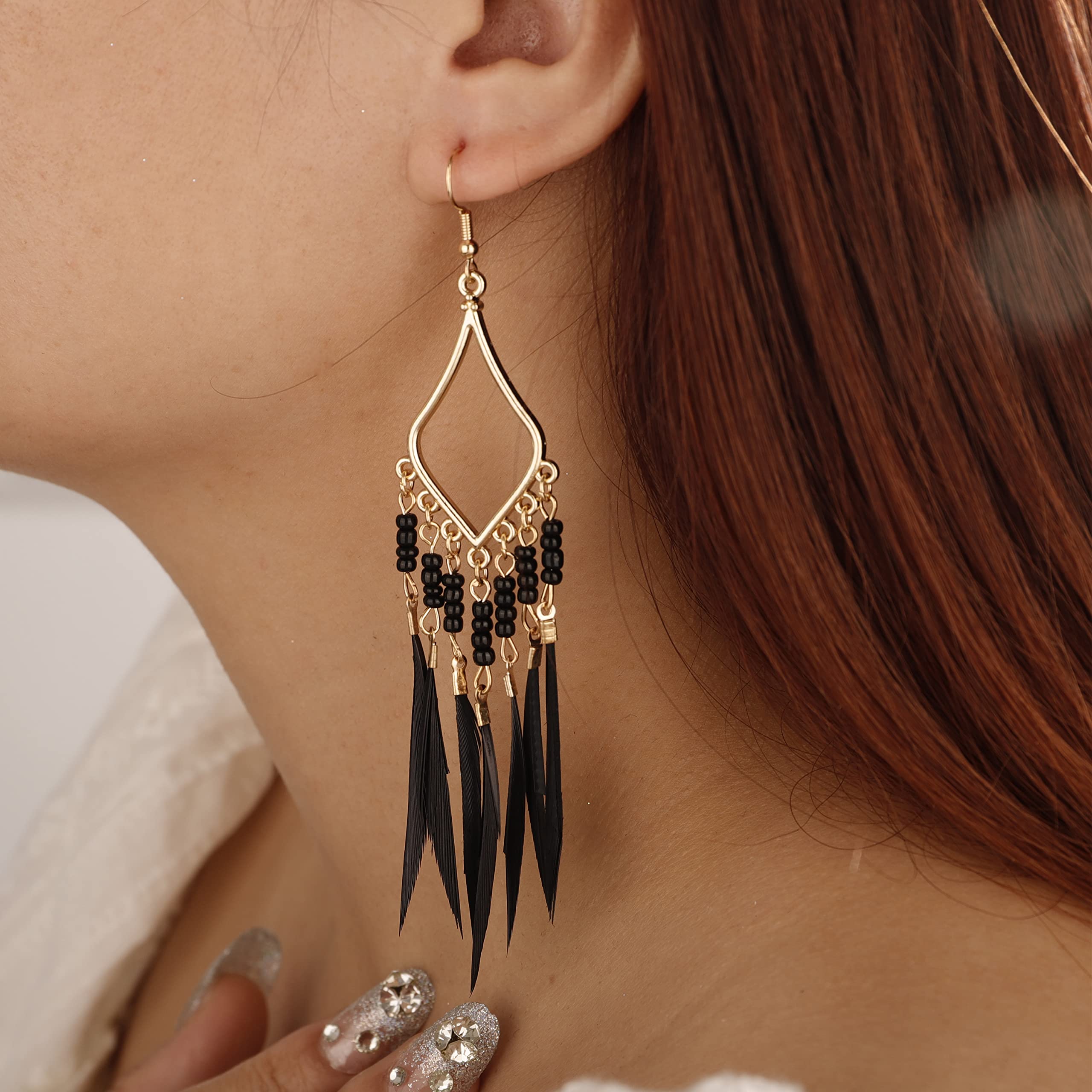 YERTTER Gold Long Dangle Bohemian Black Fake Feather Tassel Dangle Beads Earrings Halloween Tassel Earrings Light Feather Vintage Hook Ear Accessories Gift for Women Girls （Style 1）