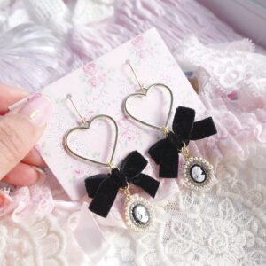 Dainty Rococo Black Velvet Bow Cameo Lady head pendant Gold Heart Earrings (Dangle/Clip On), Cute Kawaii Victorian Style Jewelry (Clip On Earrings)