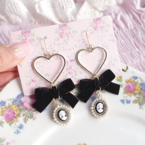 Dainty Rococo Black Velvet Bow Cameo Lady head pendant Gold Heart Earrings (Dangle/Clip On), Cute Kawaii Victorian Style Jewelry (Clip On Earrings)