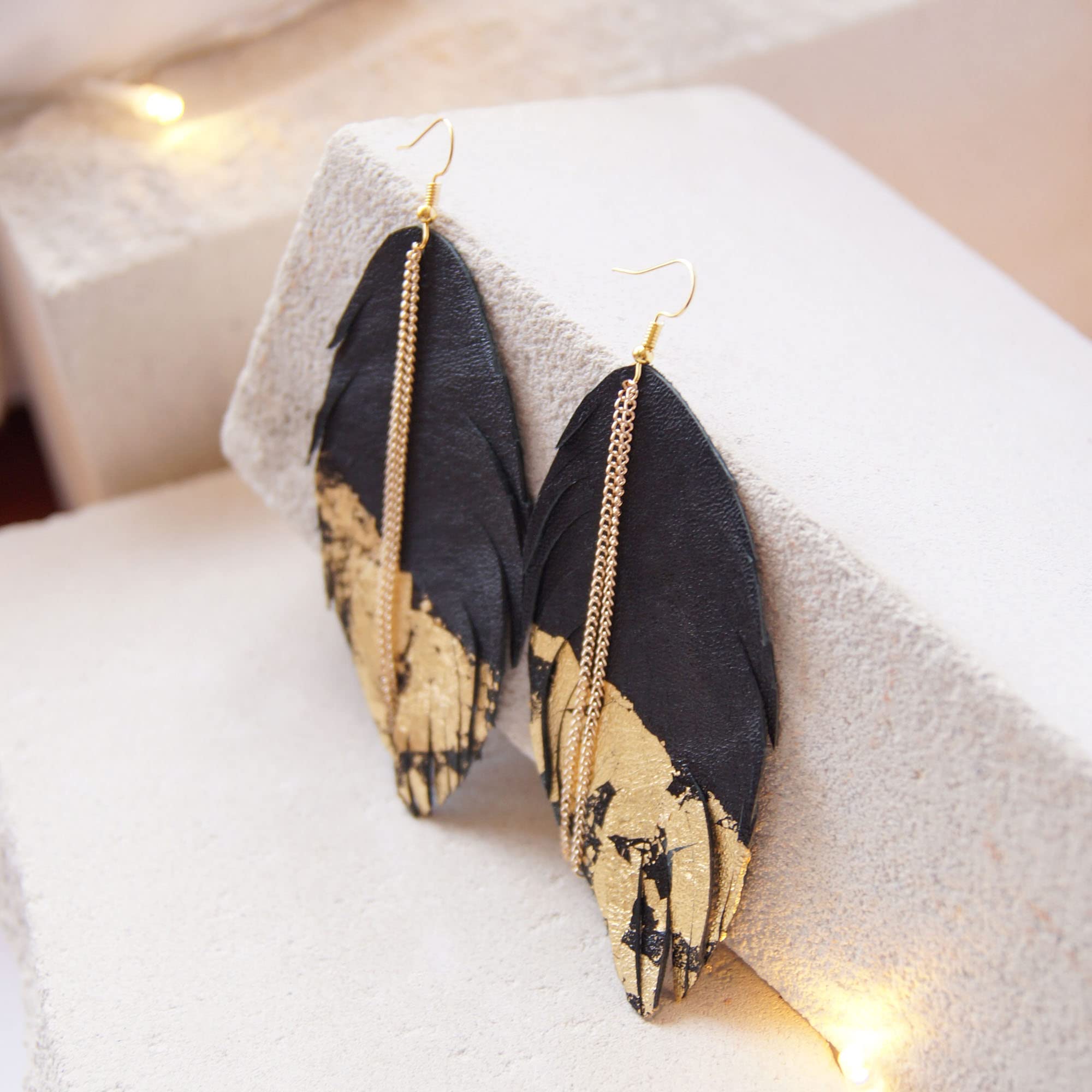 Bohemian Feather Dangle Earrings Leather Long Fashion Earrings for Women Girls-Black Gold