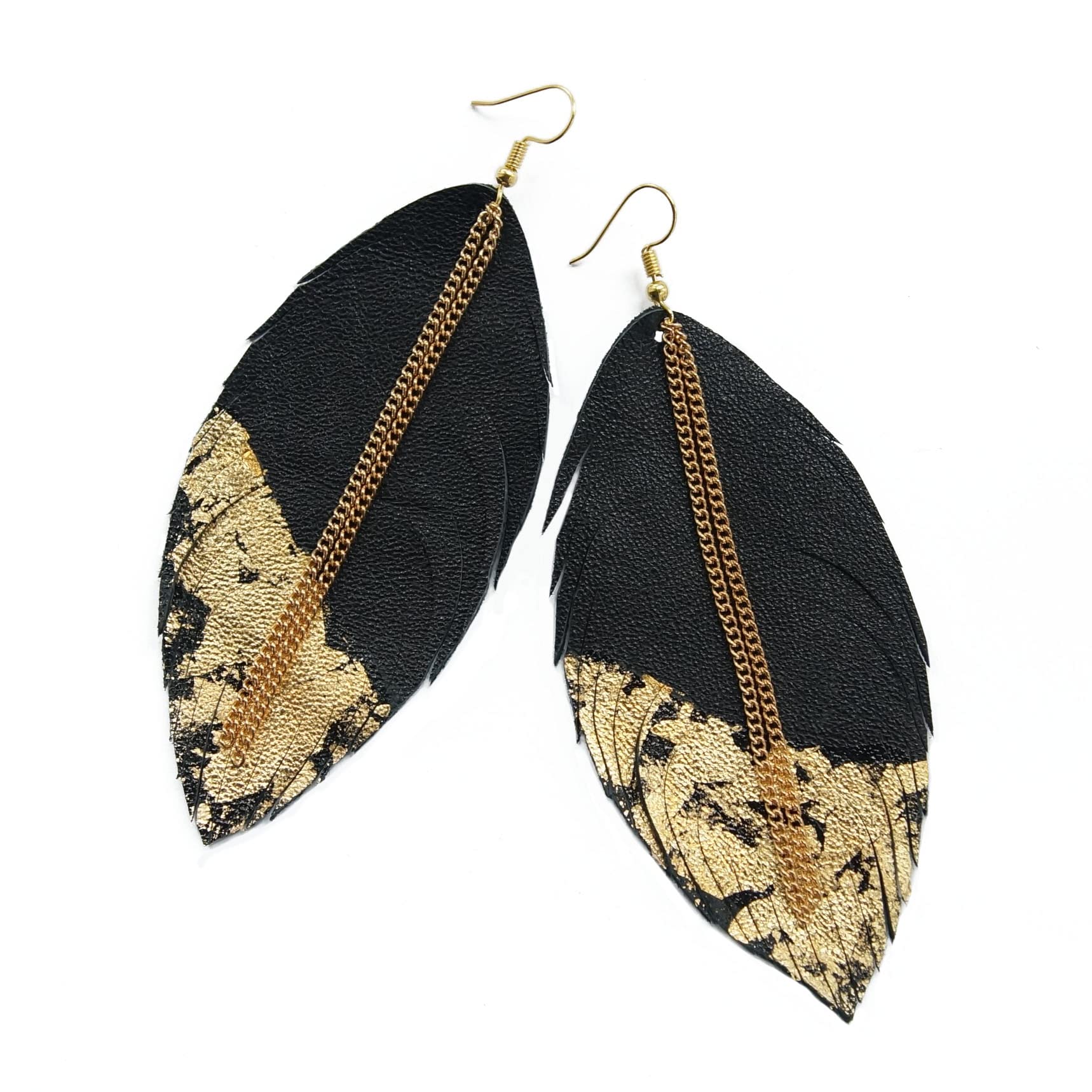 Bohemian Feather Dangle Earrings Leather Long Fashion Earrings for Women Girls-Black Gold