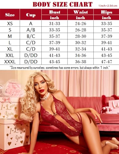 Avidlove Women Lingerie Halter V Neck Teddy Sexy Lace Bodysuit Mini Babydoll Wine Red Small