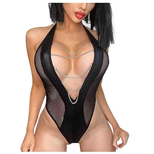 Naughty Outfits For Women, Bodysuit Women Sec Toys His And Hers Matching Underwear Set Sexy Women's Lingerie Tight Deep V Mesh Set With Stockings Women's Lingerie One Piece (L, Black)