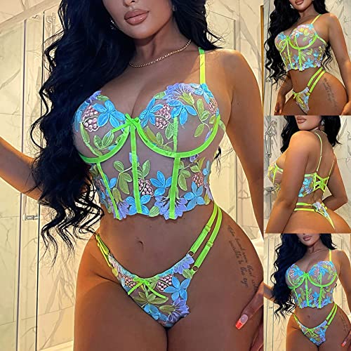 Sec Toys, Lingerie For Women Sexy Naughty Wedding Garter Langire Women's Fashion Lace Two-Piece Set Suit Solid Color Wireless Bra Underwear Panties Lencería Women's Sex Clothes (S, Green)