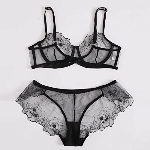 Black Lingerie For Women, Red Lingerie Sec Toys Sexy Langire Women Two Piece Women's Lace Flower Mesh Embroidered Sheer Lingerie Piece Set Sleepwear Hot Lingerie Naughty Lingerie (S, Black)