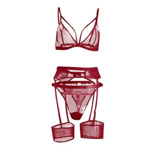 Stripper Outfits Exotic Sets, Black Lingerie Set Sec Toys Naughty Lingerie Costumes Women's Sexy Solid Color Netted Lace Gathering Three-Piece Suit Belt Valentines Day Outfit Body (XL, Wine)