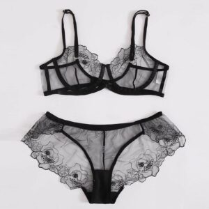 Lace Bodysuit For Women, Shapewear Bodysuit Sec Toys Harness Bra Elastic Women's Sexy Flower Mesh Embroidered Sheer Lingerie Two Piece Set Soft Bralette Fishnet Role Playing (S, Black)