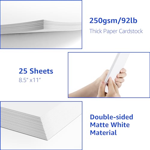 CreGear 25 Sheets White Cardstock 8.5 x 11 Cardstock Paper, Thick Cardstock 92lb/250gsm Card Stock Printer Paper, Card Stock Printer Paper for Card Making, Invitations, Menus, Scrapbooking